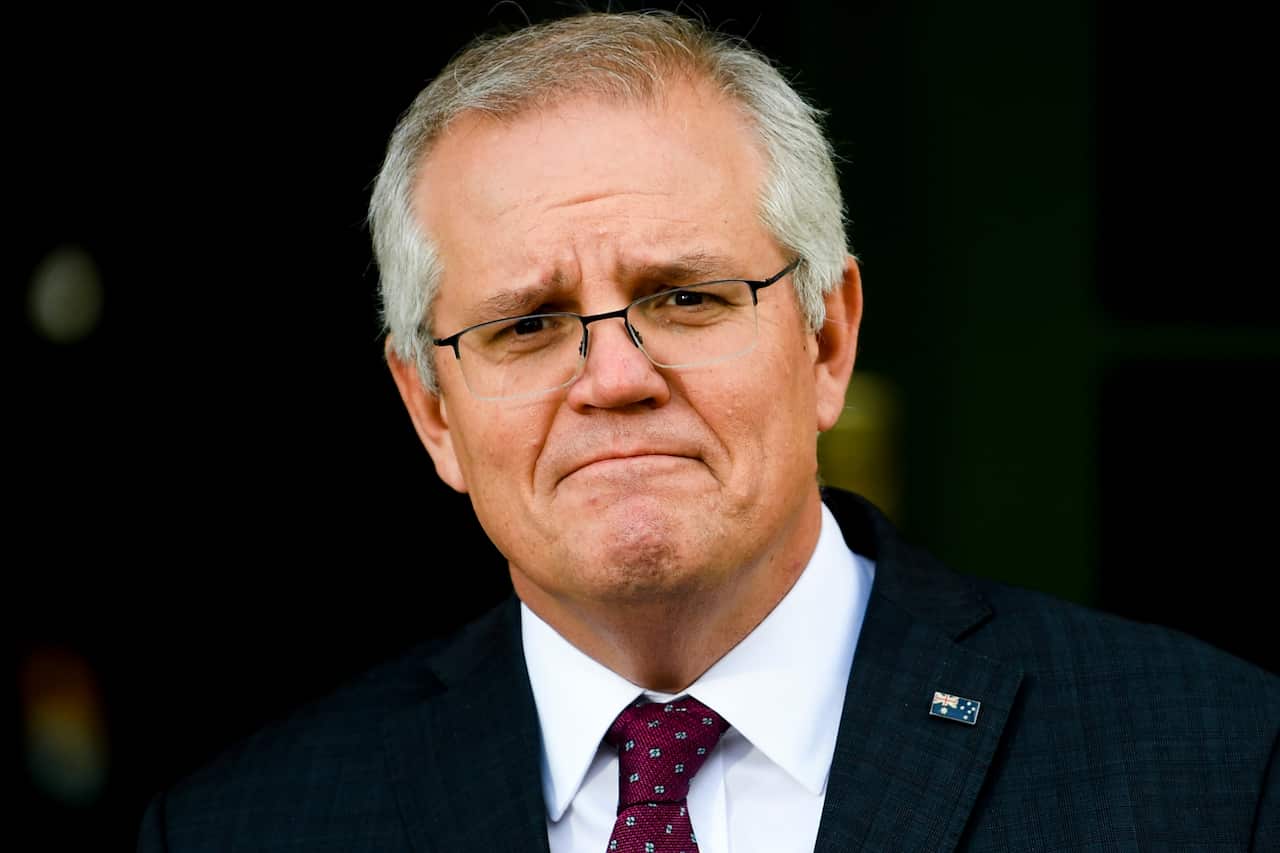 Prime Minister Scott Morrison speaks to the media during a press conference in Canberra.