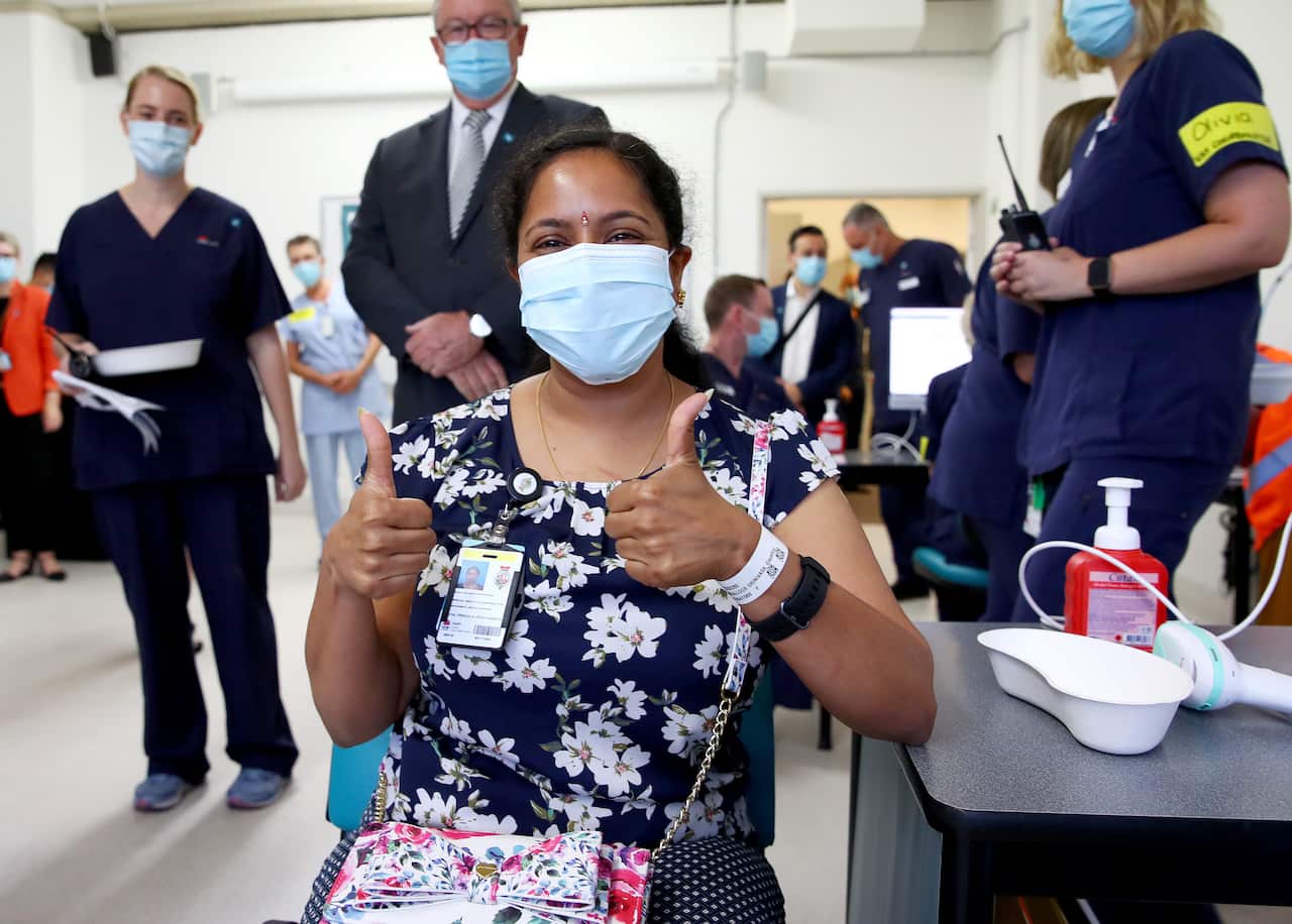 Gayathry Vellangalloor Srinivasan, an Environmental Services Supervisor was the first person in NSW to receive the Pfizer COVID-19 vaccine, 22 February, 2021.