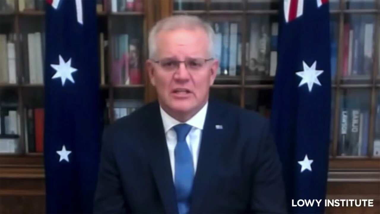 Prime Minister Scott Morrison during a virtual address of the Lowy Institute 