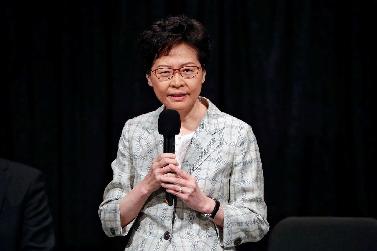 Hong Kong Chief Executive Carrie Lam speaks during a community dialogue on Thursday.