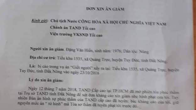 Đơn xin ân xá của Đặng Văn Hiến như gợi ý của Thầm phán sau phiên xử 