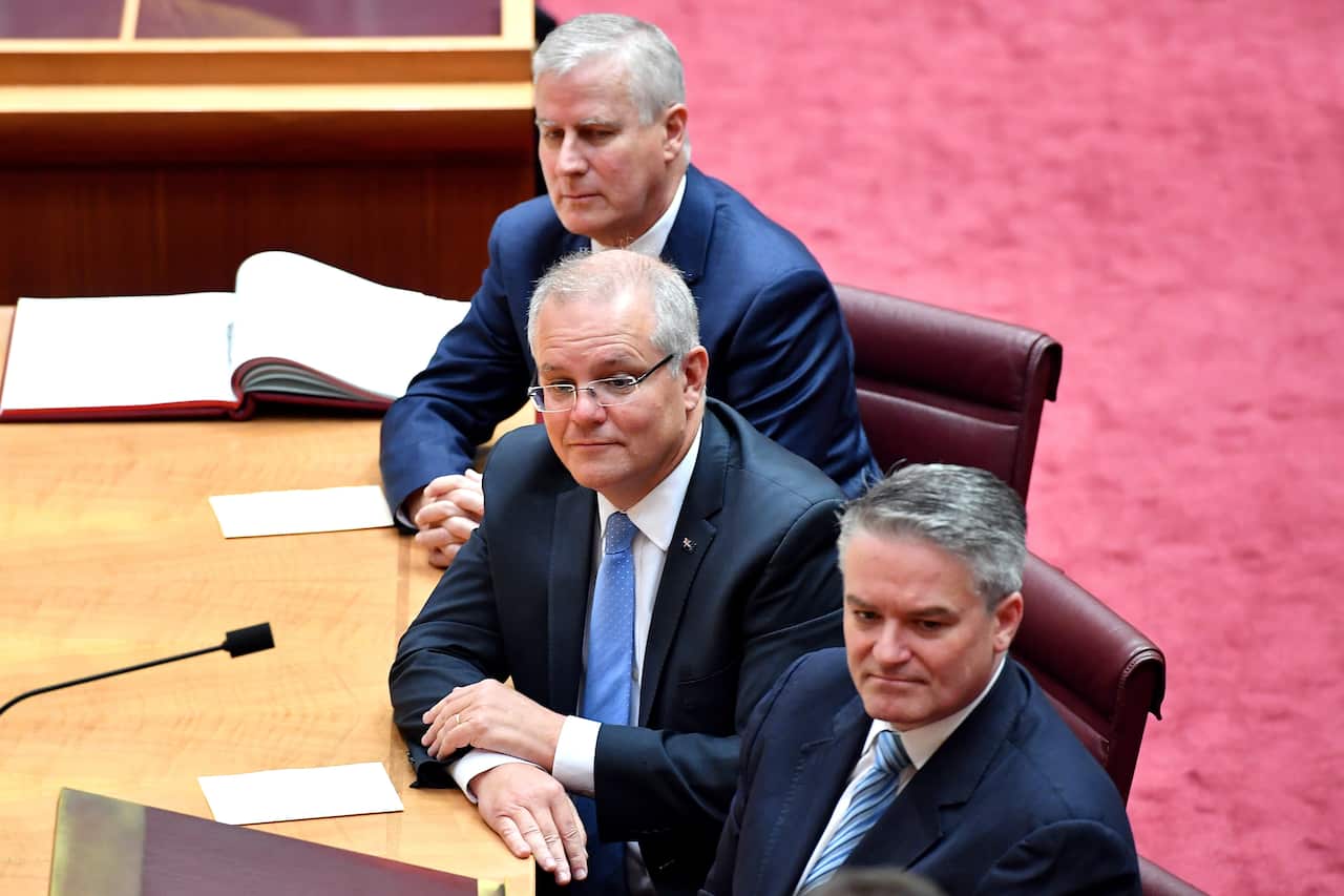 Deputy Prime Minister Michael McCormack, Prime Minister Scott Morrison and Senator Matthias Cormann pictured during Senate proceedings in July, 2019.