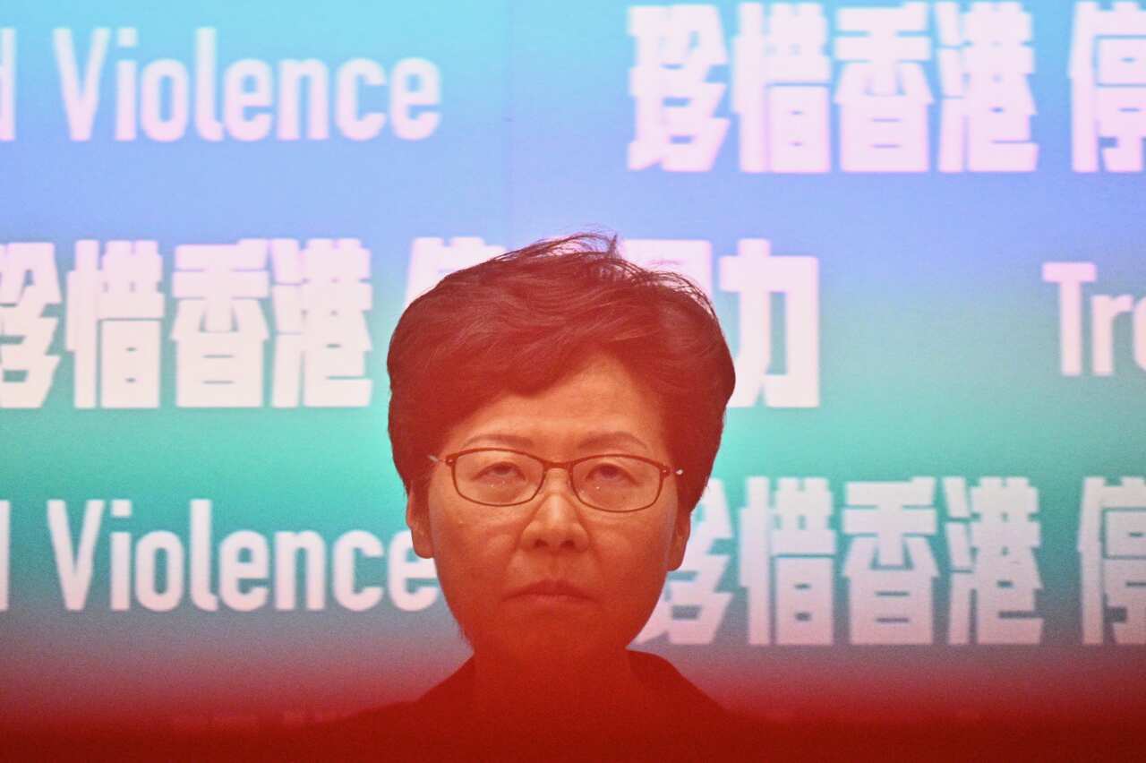 Hong Kong Chief Executive Carrie Lam takes part in a press conference in Hong Kong.