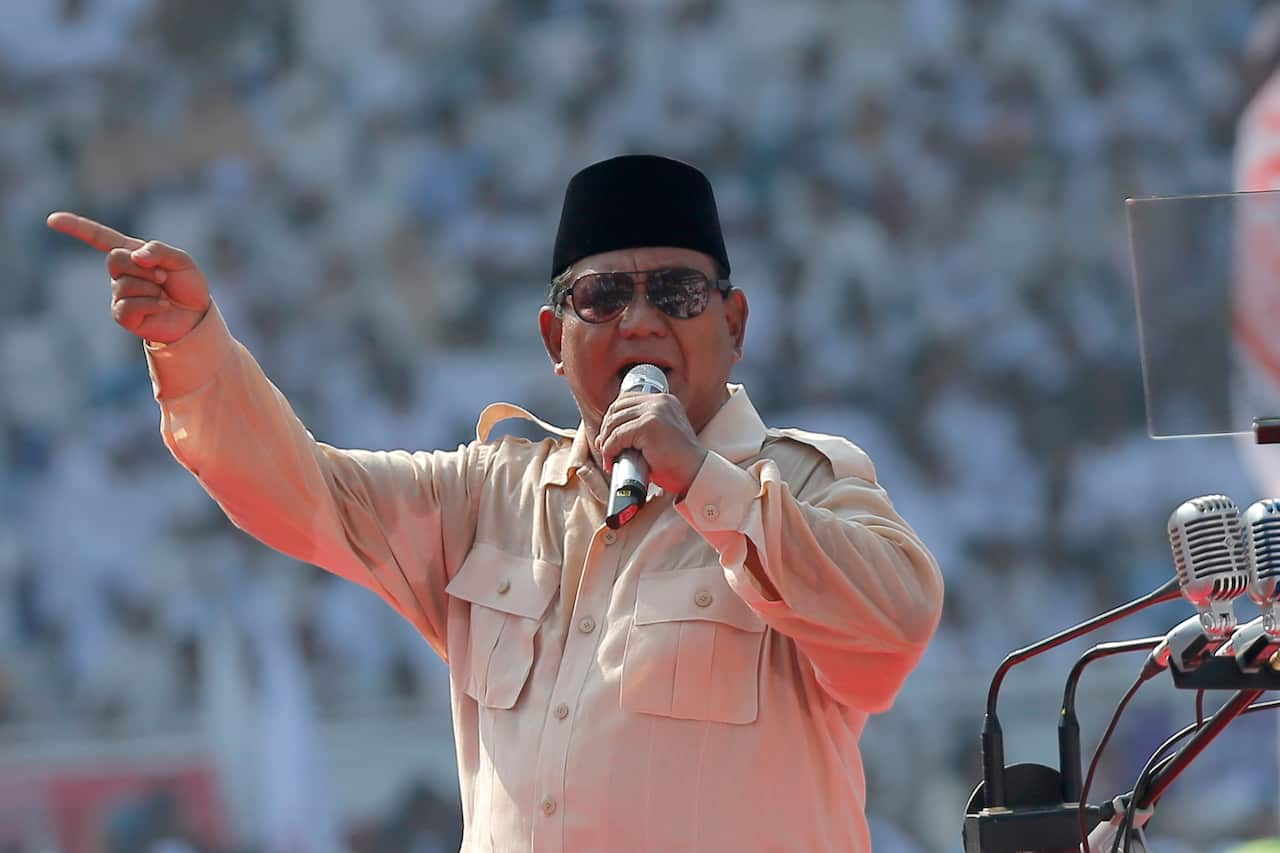 Indonesian presidential candidate Prabowo Subianto  speaks to supporters during a campaign rally.