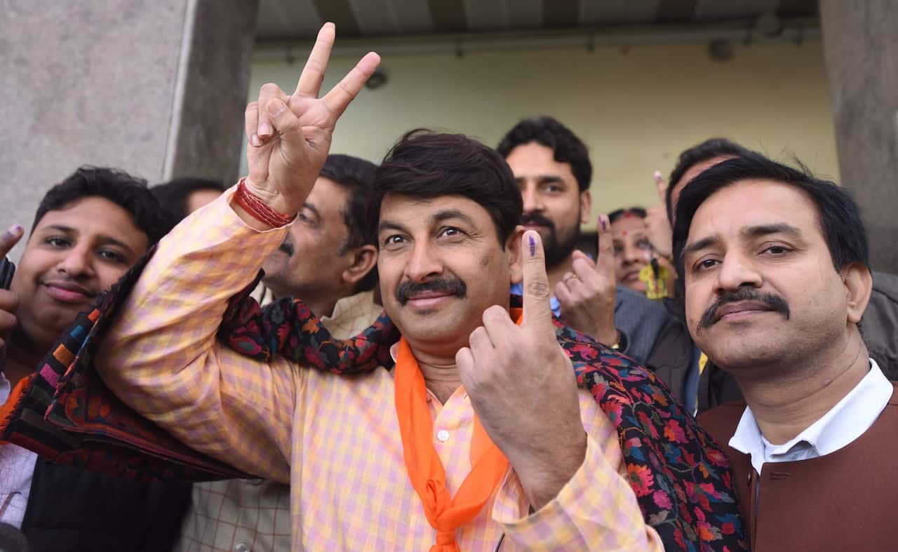 Delhi BJP North East MP and Delhi BJP Chief Manoj Tiwari after casting his vote during Delhi Assembly Election polling at Yamuna Vihar, on February 8, 2020.