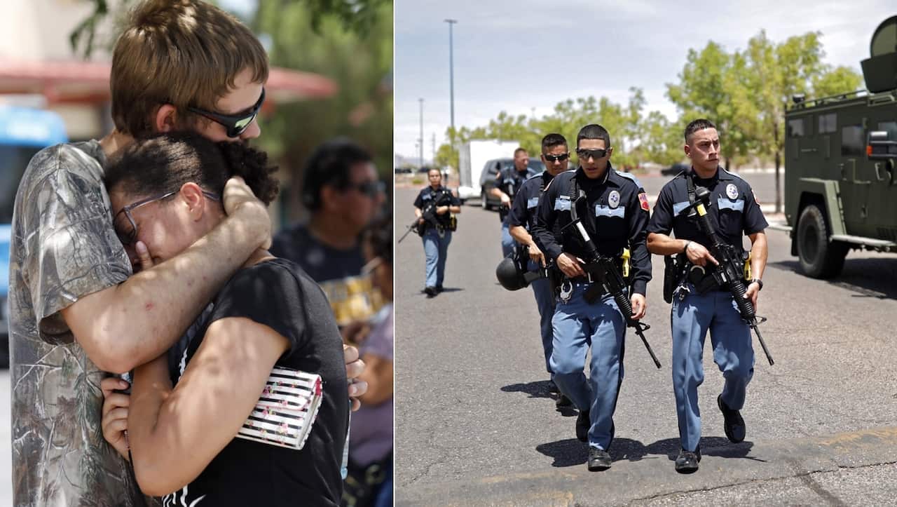Kendall Long (L) comforts Kianna Long (R) who was in the freezer section of a Walmart during a shooting incident, in El Paso, Texas, USA, 03 August 2019.