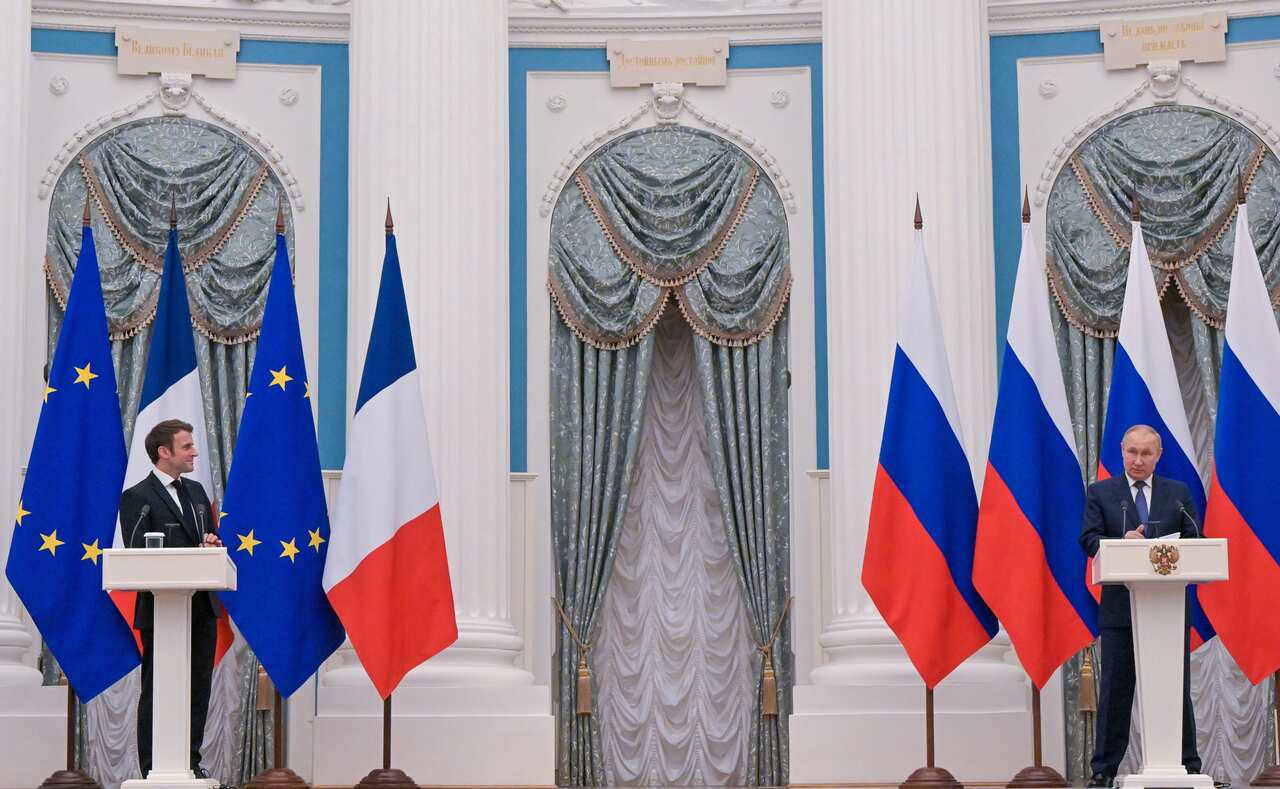 French president Emmanuel Macron (left) and Russian president Vladimir Putin at a joint press conference following their talks at the Kremlin on the Ukraine crisis.
