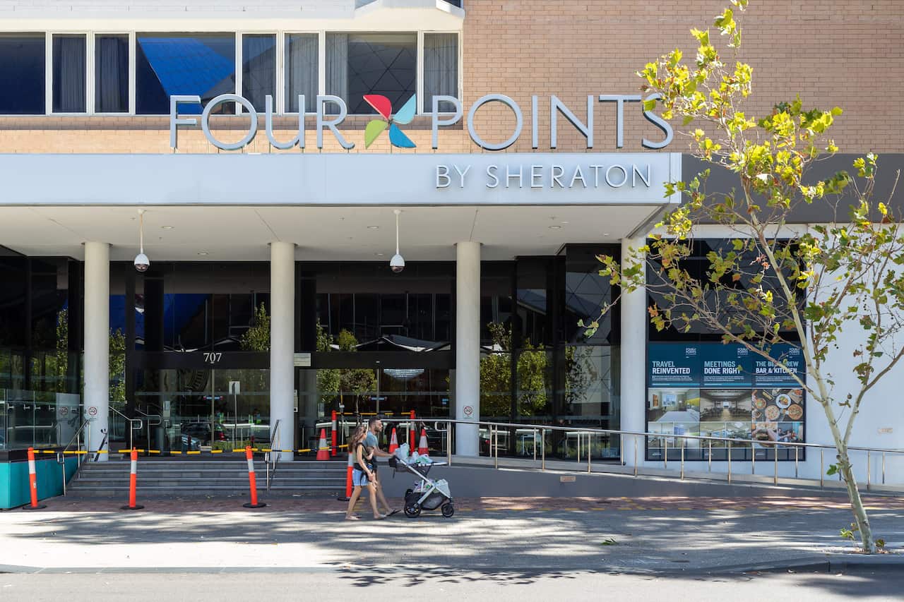 The Four Points Sheraton hotel in Perth where a security guard worked and tested postive for COVID-19, Sunday, 31 January, 2021.