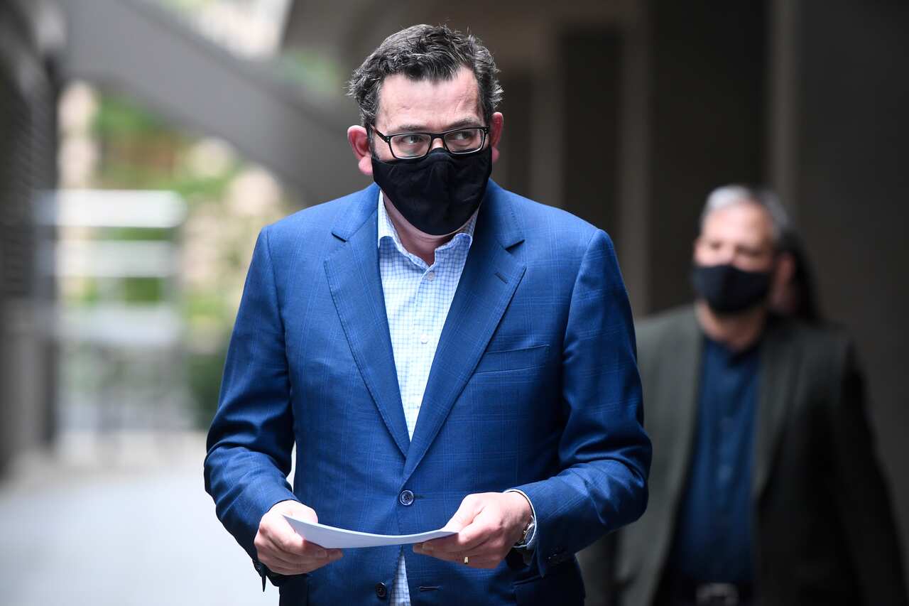 Victorian Premier Daniel Andrews arrives to a press conference in Melbourne, Sunday, August 16, 2020. Victoria has recorded 279 new coronavirus cases and 16 deaths, taking the national toll to 395. (AAP Image/Erik Anderson) NO ARCHIVING
