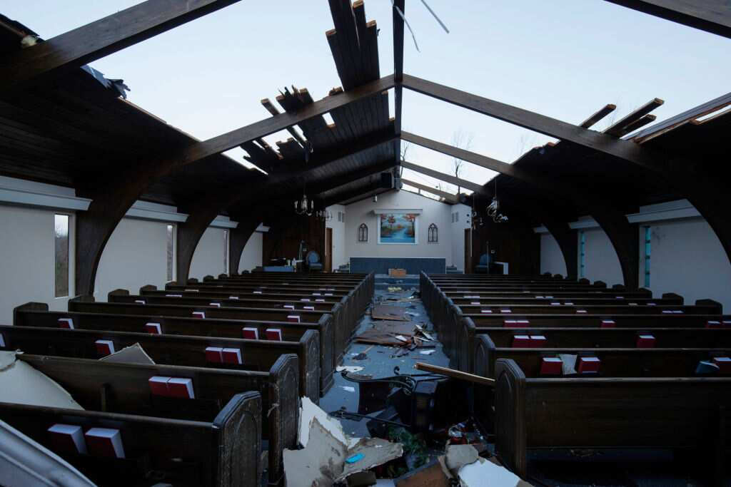 Interior view of tornado damage to Emmanuel Baptist Church on 11 December 2021 in Mayfield, Kentucky.