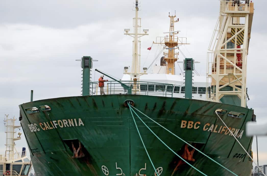 A crew member from the BBC California is seen as it docks in the port of Fremantle, 20km south of Perth on Monday, July 19, 2021.