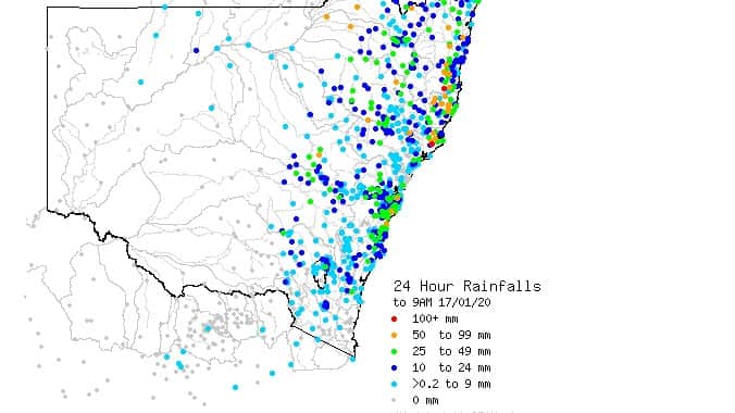 The rainfall in New South Wales in the 24-hour period to 9am on 17/01/20.