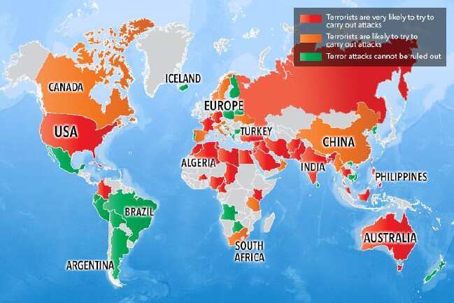 Map shows the countries where terrorists are “very likely” or “likely” to carry out attacks.