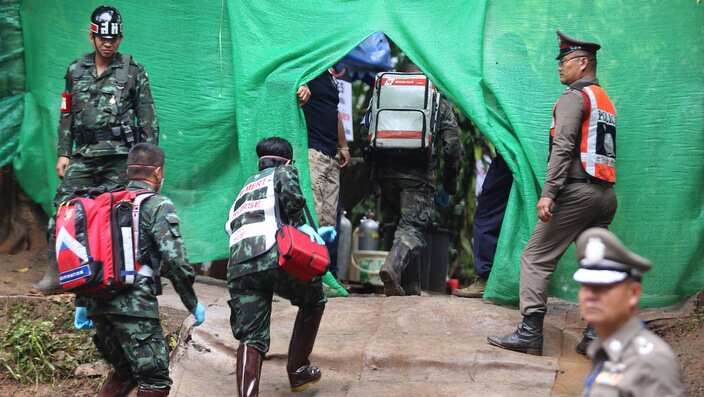 Thai military medical personnel outside the Tham Luang cave complex. 