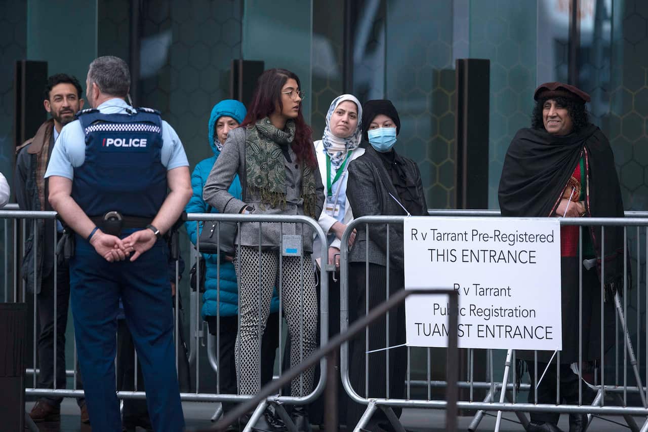 Family members of victims arrive outside the High Court in Christchurch, New Zealand.