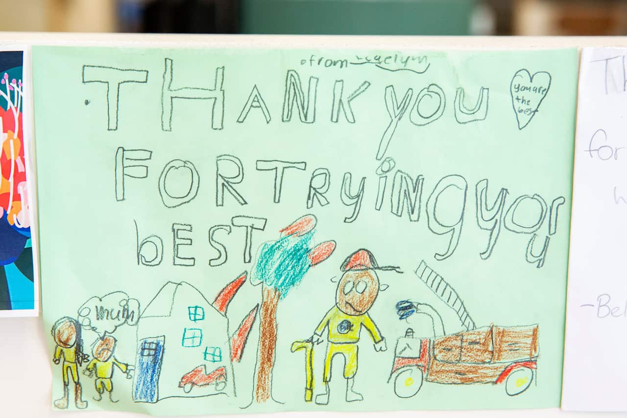 Thank You Cards Left For Firefighters At RFS Headquarters As State Of Emergency Is Declared In NSW
