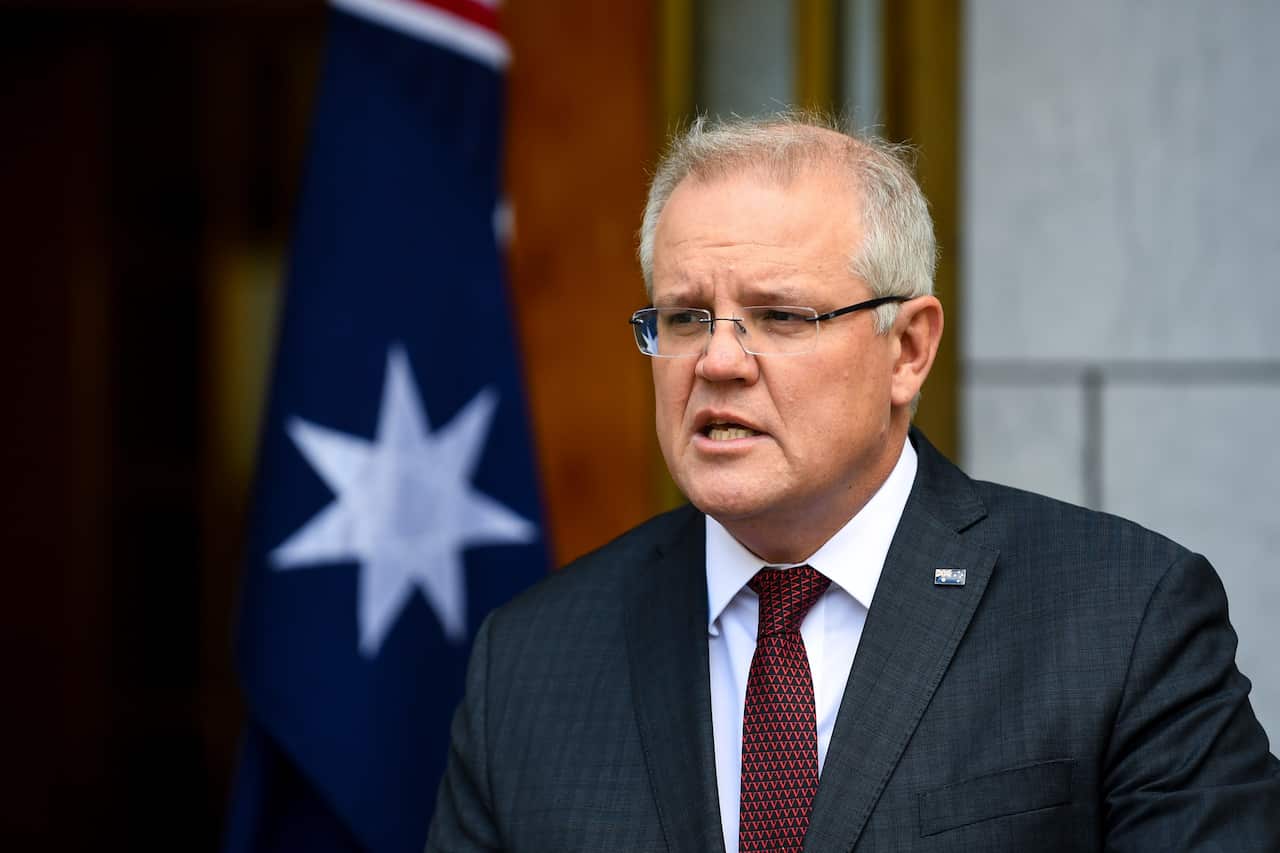Prime Minister Scott Morrison speaks to the media during a press conference at Parliament House.
