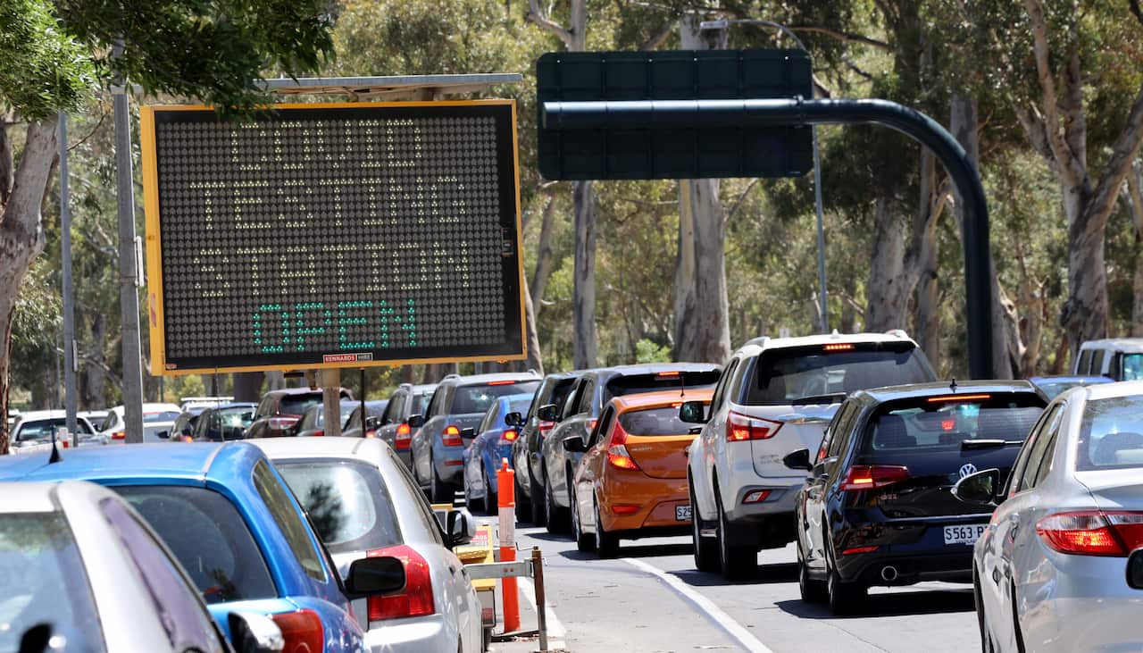 Cars queue for the COVID-19 testing facility at Victoria Park, just outside the Adelaide CBD on 16 November, 2020.