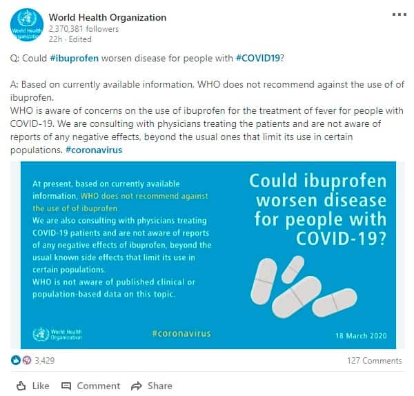 The World Health Organisation posted an update on its LinkedIn page. 