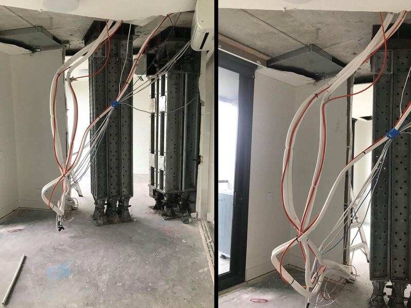 that shows the ceiling and flooring removed and propping equipment.