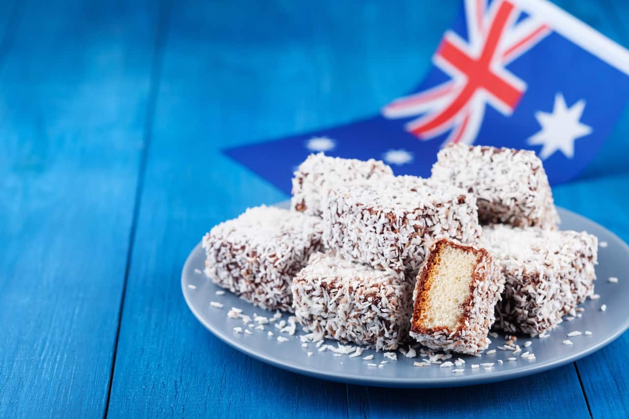 Traditional Lamington cakes or dessert for Australia Day party.