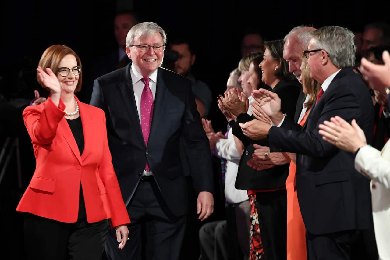 Former prime ministers Julia Gillard and Kevin Rudd arrive at the Labor campaign launch together. 