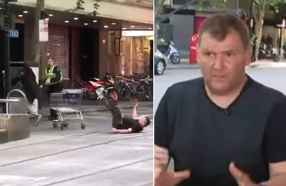 Combo image: A screenshot of the attack (via Twitter user @windix) and Michael Rogers (via 7 News)