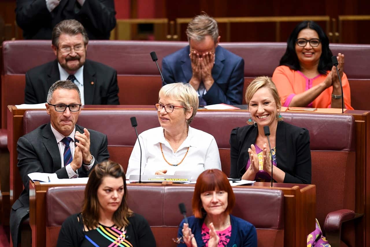 Australian Greens Senators react after the passing of the Medevac Bill.