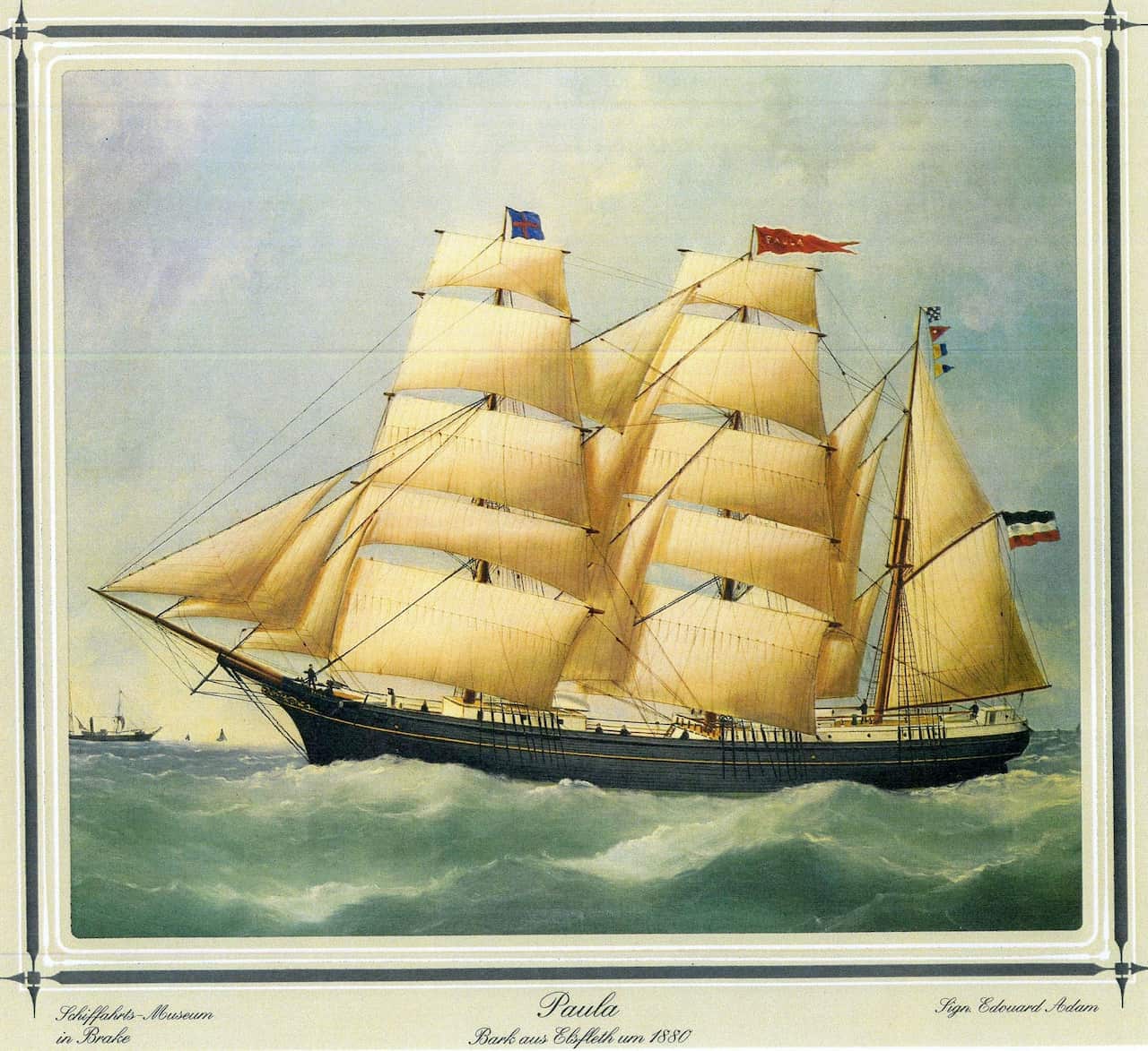 A supplied image of a painting of the German sailing barque "Paula"