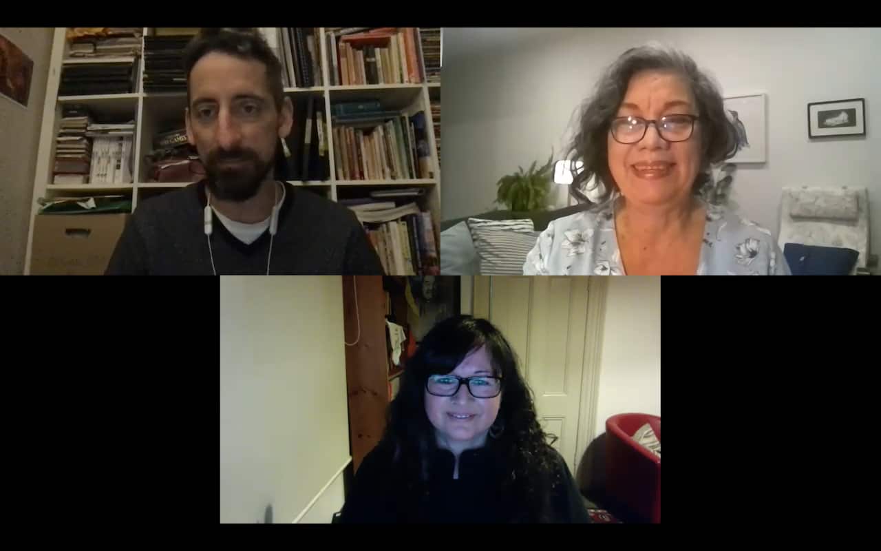 Artists Eyal Chipkiewicz and Pilar Aguilera in a Zoom conversation with SBS Spanish journalist Carmenza Jimenez