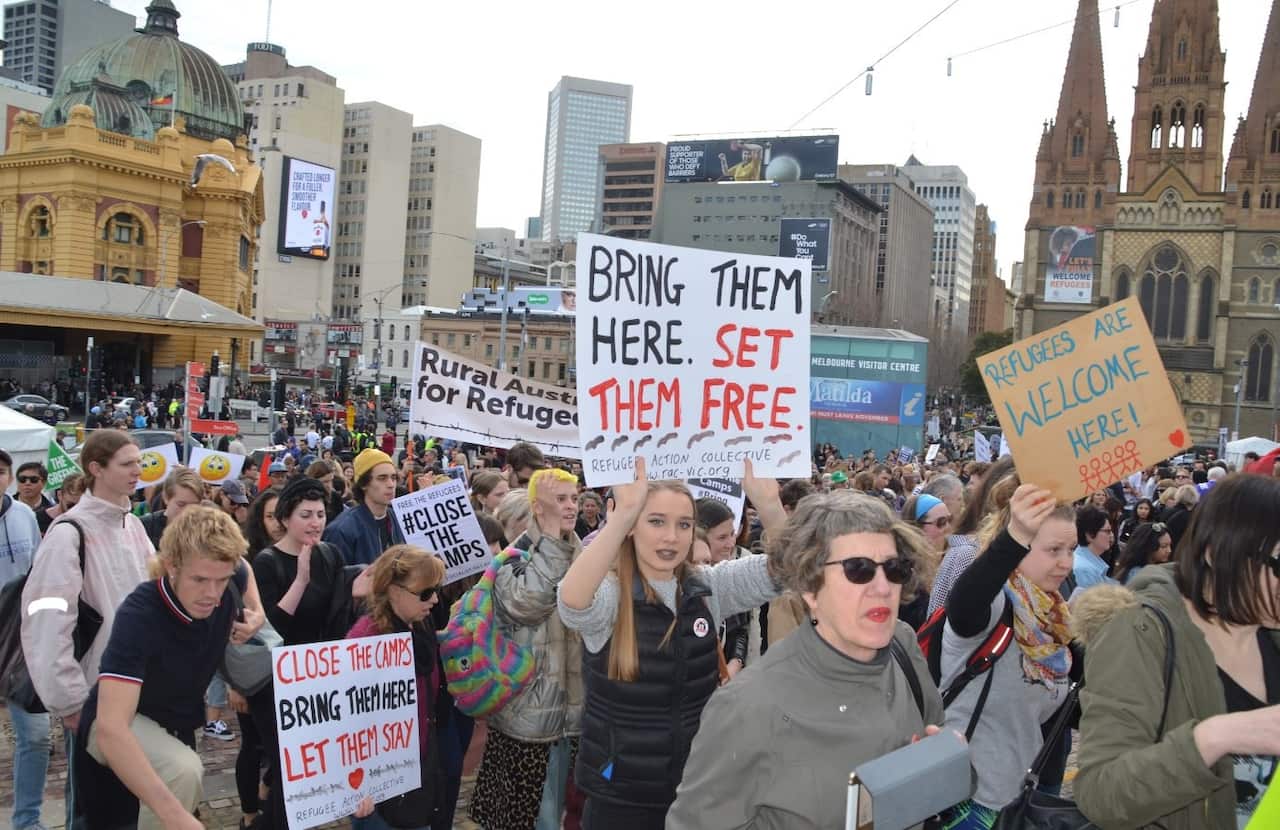 Protesters call for immigration detention centers on Nauru and Manus island to close in Melbourne on August 26, 2016.