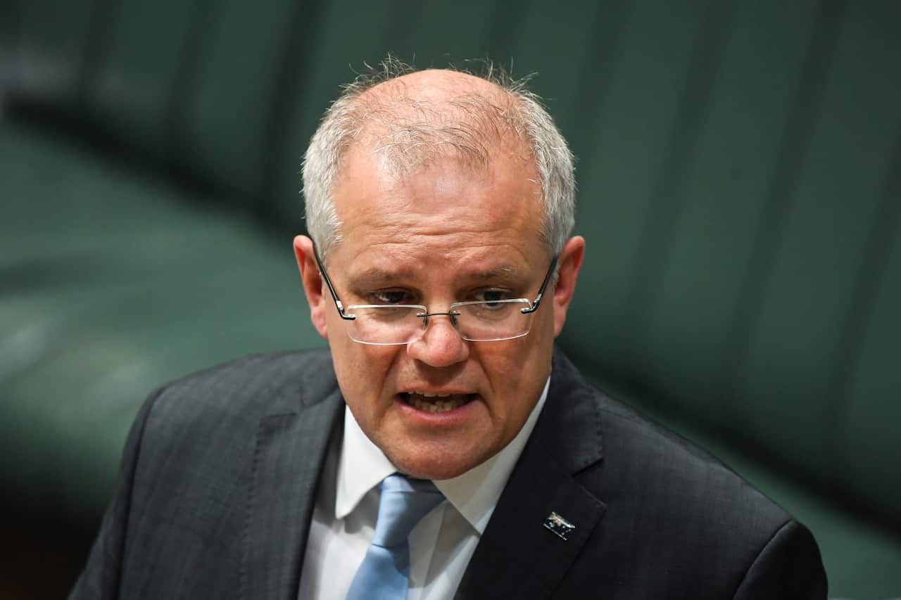 Australian Prime Minister Scott Morrison speaks during House of Representatives Question Time at Parliament House in Canberra, Wednesday, April 8, 2020. (AAP Image/Lukas Coch) NO ARCHIVING