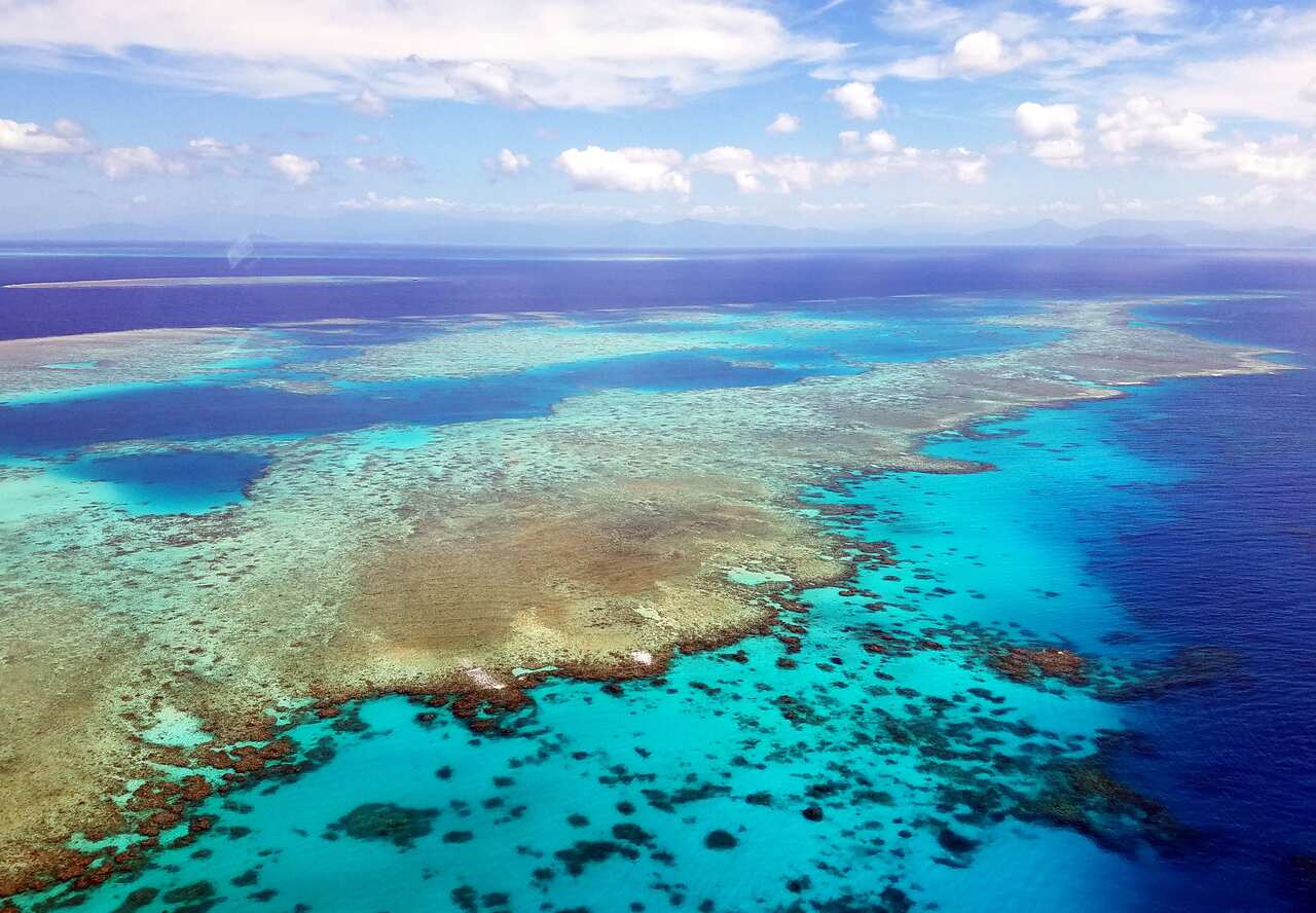 A view of of the Great Barrier Reef in the Coral Sea off the coast of Queensland.