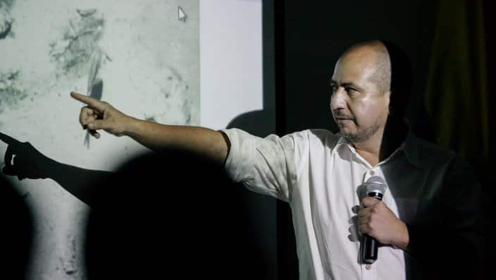 Ernesto Montenegro, Director of the Colombian Institute of Anthropology and History of Colombia, talks to the media