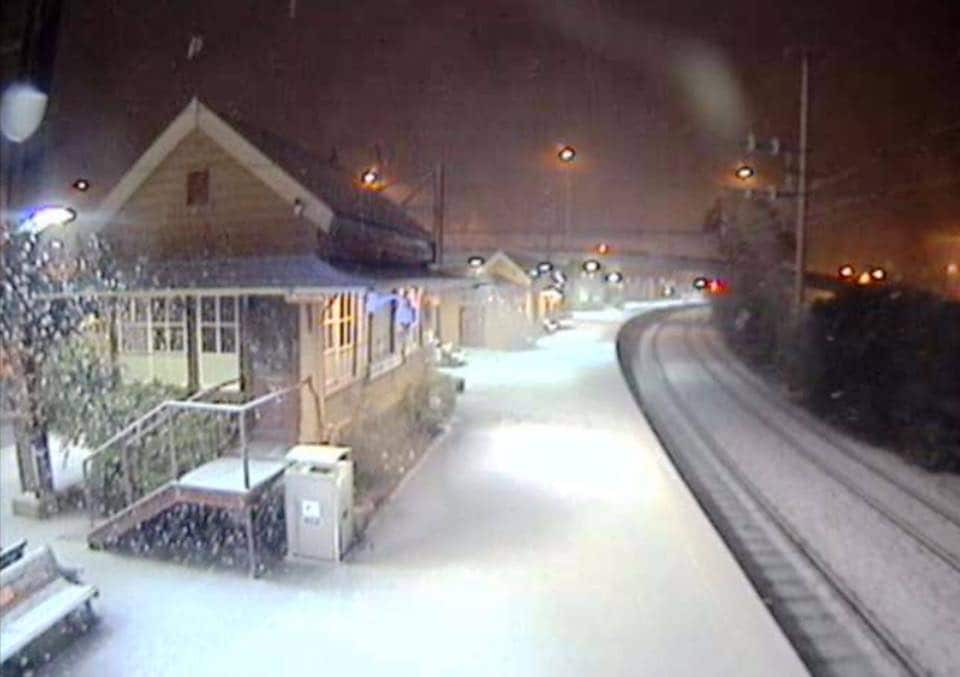 Snow at Katoomba train station on Tuesday morning.