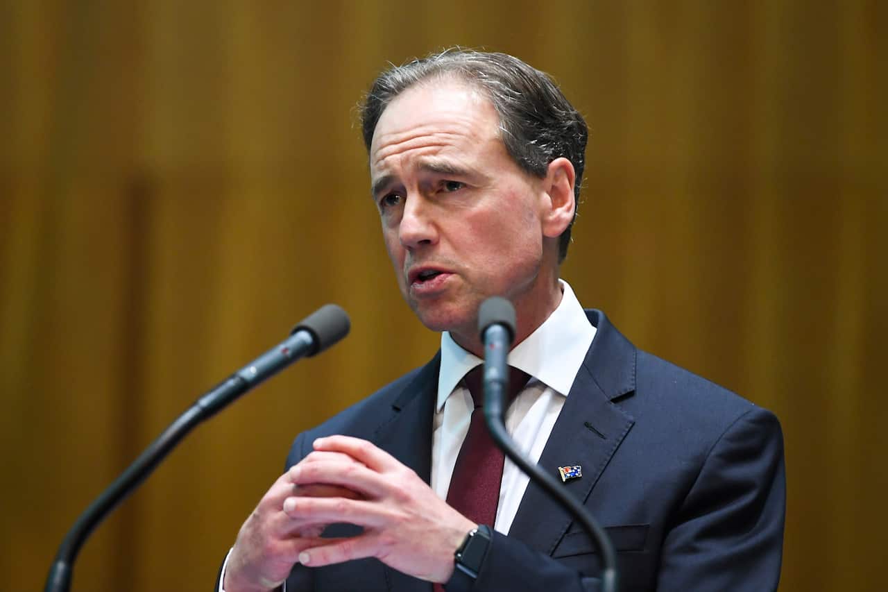 Health Minister Greg Hunt speaks to the media in Canberra.