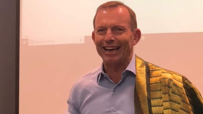 Former Prime Minister Tony Abbott at an Indian restaurant launch in Melbourne's south east on Saturday February 17