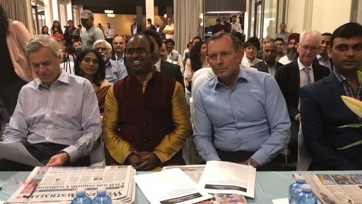 Former Prime Minister Tony Abbott at an Indian restaurant launch in Melbourne's south east on Saturday February 17