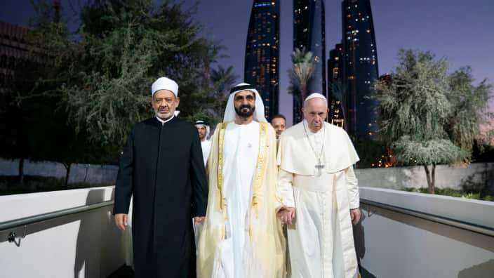 HH Sheikh Mohamed bin Rashid Al Maktoum, Ruler of Dubai, Pope Francis and Dr Ahmad Al Tayyeb, Grand Imam of the Al Azhar Al Sharif 