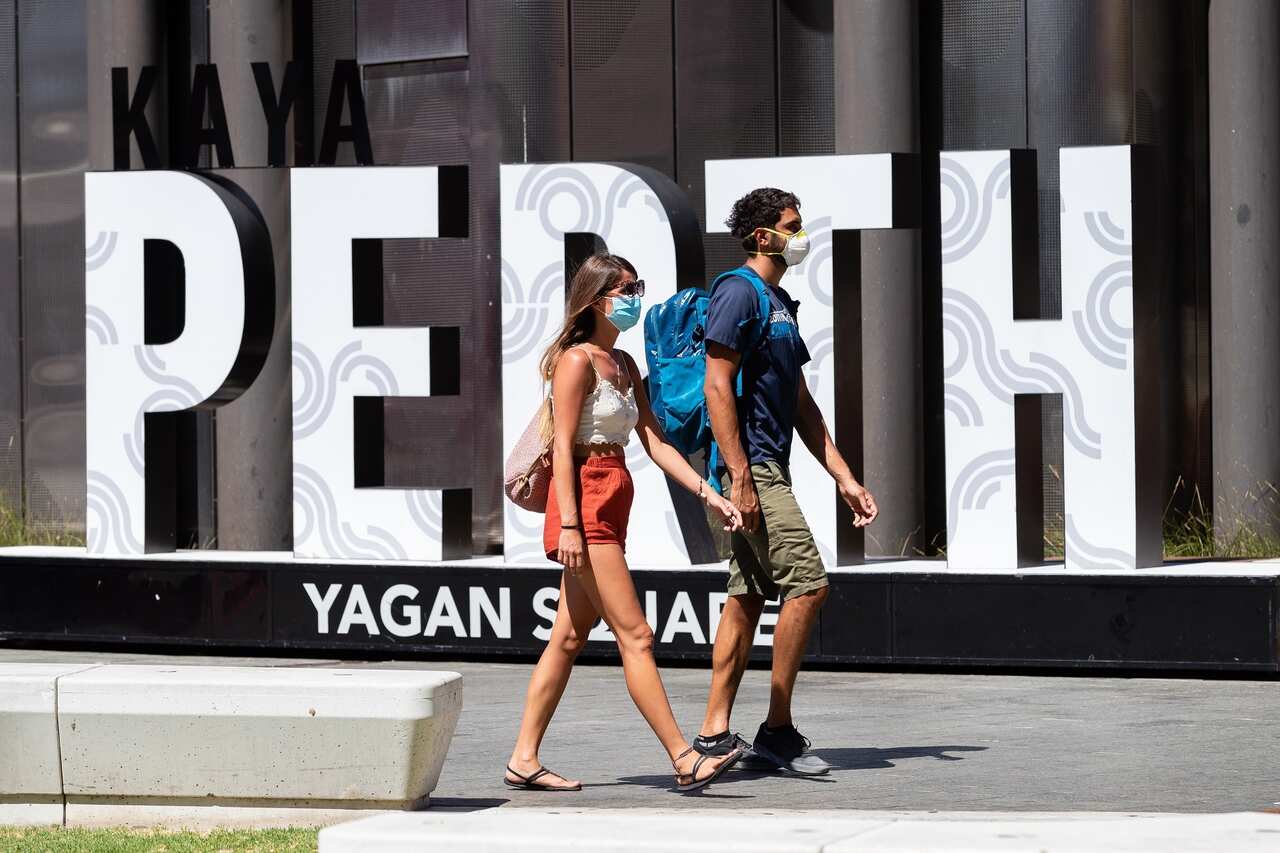 Members of the public are seen wearing masks in Yagan Square, Perth.