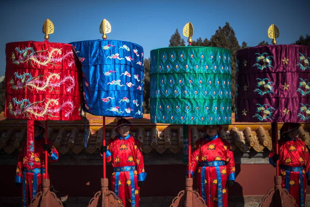 Chinese performers dressed in traditional costumes on the eve of the Chinese Lunar New Year, at Ditan Park in Beijing.
