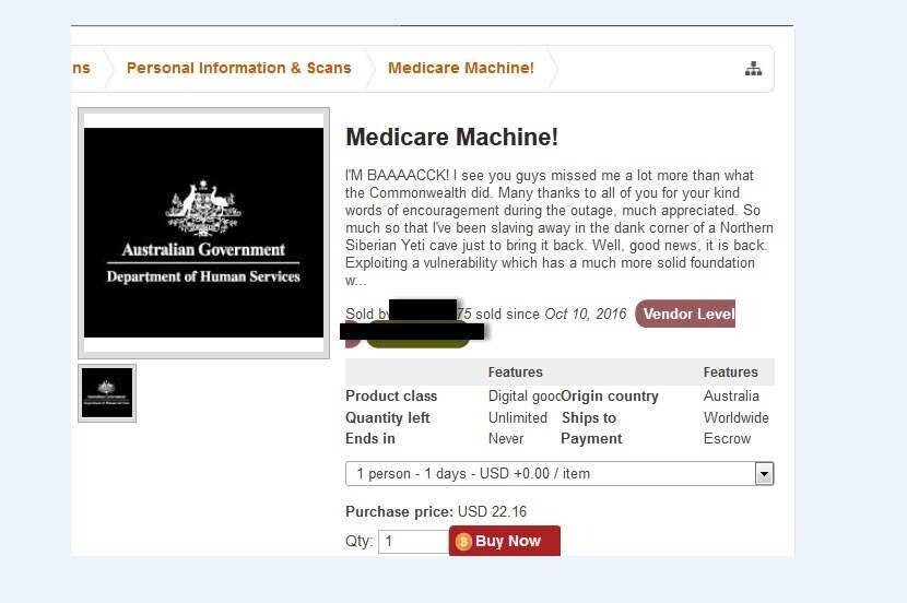 A listing on the dark web advertising Medicare details.