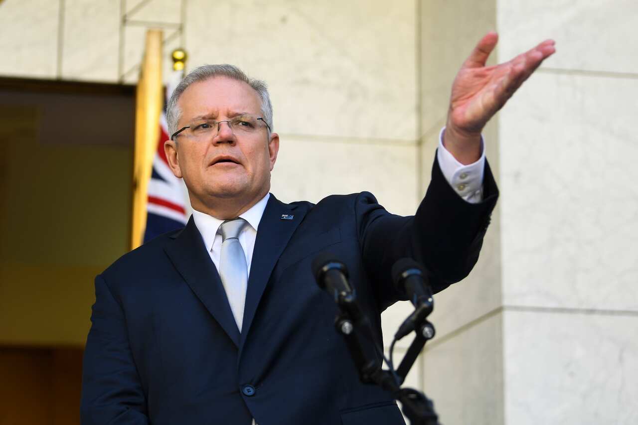 Prime Minister Scott Morrison speaks to the media during a press conference at Parliament House.