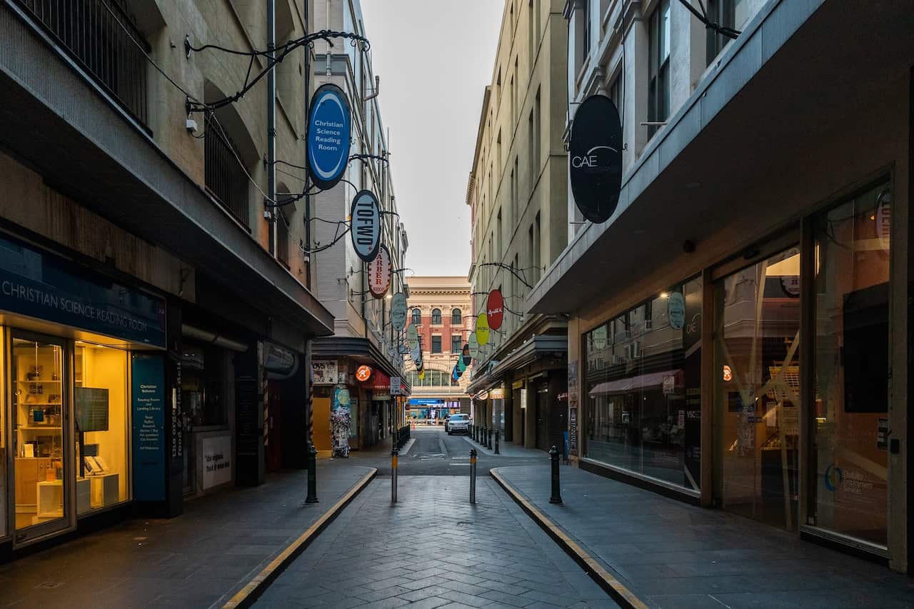 An empty Degraves street in Melbourne which is a usually busy cafe precinct