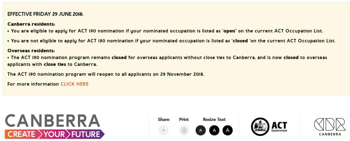 The ACT 190 Nomination program will reopen.