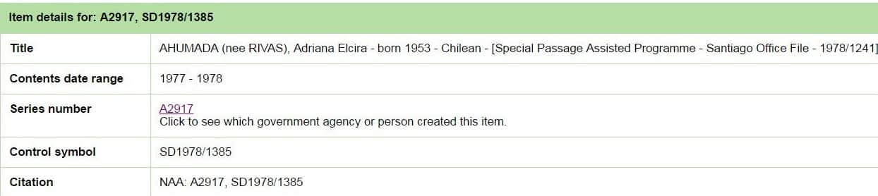 Adriana Rivas arrival record in Australia, 1978.