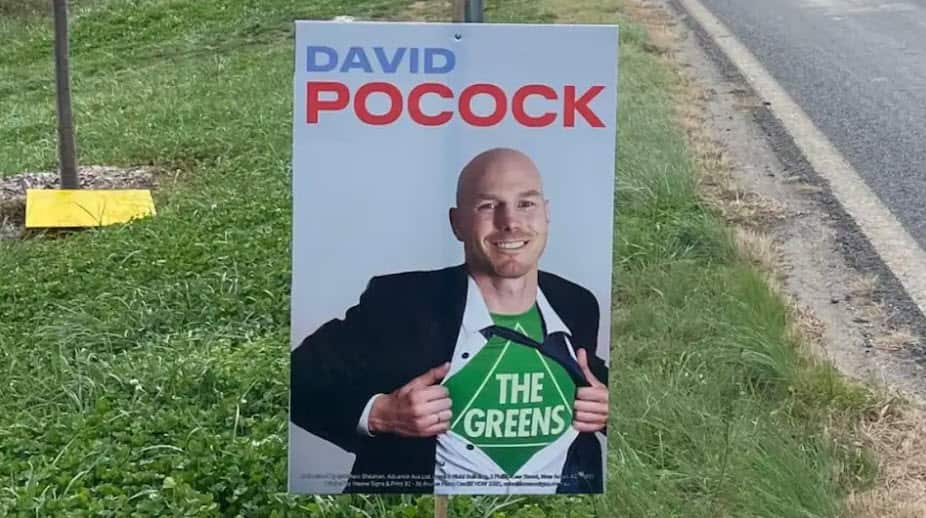 Advance Australia sign depicting ACT independent Senate candidate David Pocock as a "Greens superman"