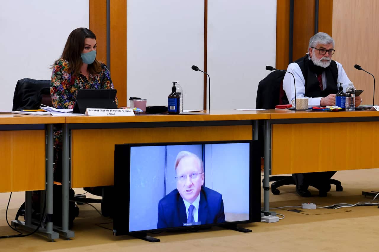 Greens Senator Sarah Hanson-Young speaks to Sky News Australia CEO Paul Whittaker during a Senate inquiry at Parliament House, Monday, September 06, 2021.