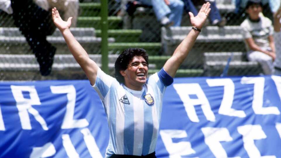 Diego Maradona celebrates a goal against Italy at the 1986 FIFA World Cup