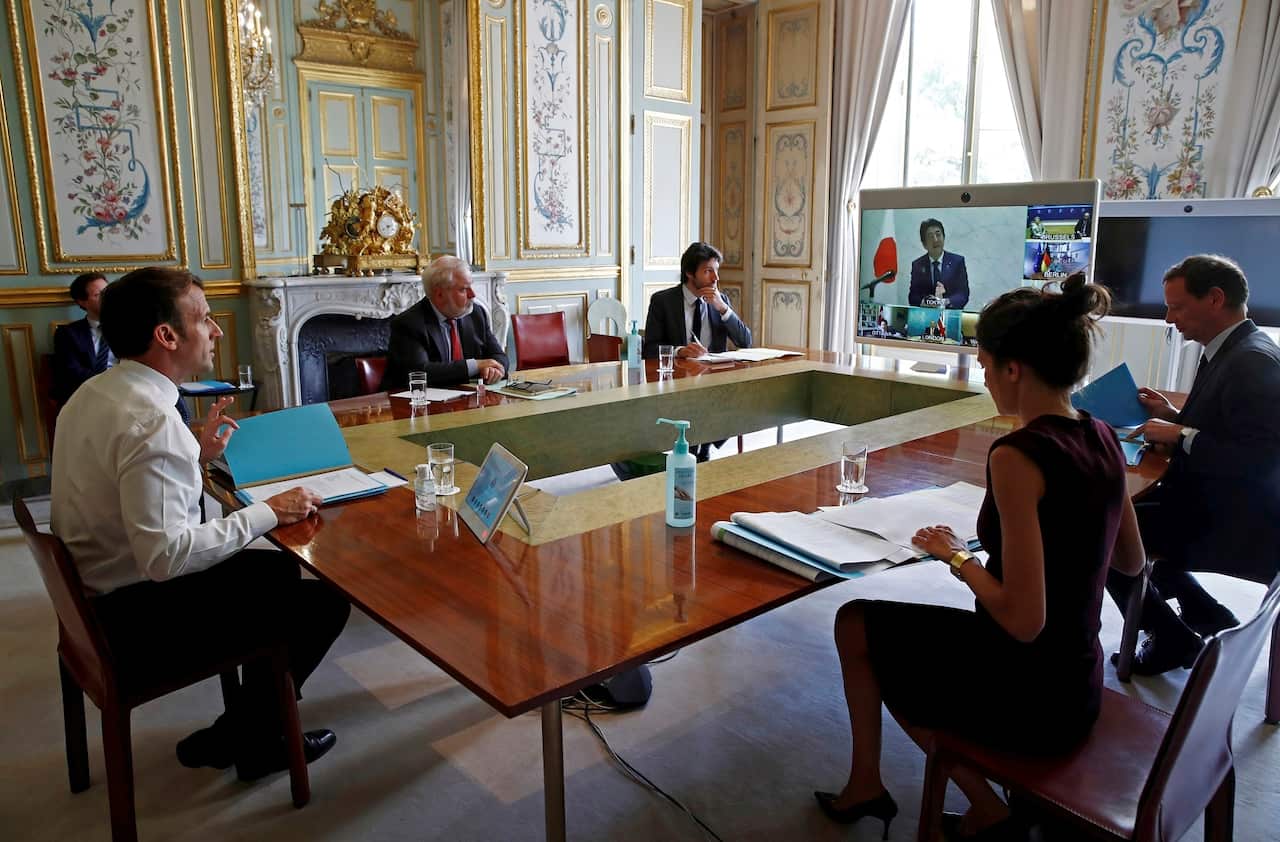 French President Emmanuel Macron speaks during a videoconference on the conoravirus with G7 leaders at the Elysee Palace in Paris on 16 April 2020.